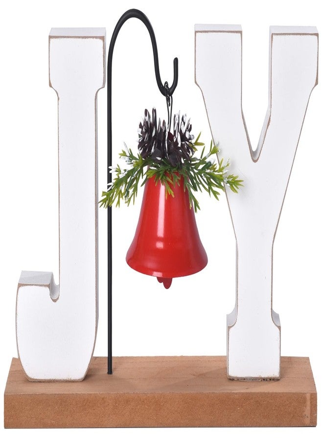 GHOSTMAGIC Christmas Wooden Joy Decoration, Wood Craft Sign with Bell, Table Ornament Rustic Tabletop Farmhouse Centerpiece Decorative Block Decor for Xmas Indoor Holiday Home Table Shelf Winter Party (Red Bell) - Image 1